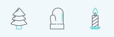 Set line Burning candle in candlestick, Christmas tree and mitten icon. Vector