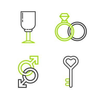 Set line Key in heart shape Male gender symbol Wedding rings and Wine glass icon. Vector.