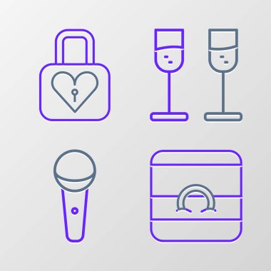 Set line Wedding rings, Microphone, Glass of champagne and Lock and heart icon. Vector