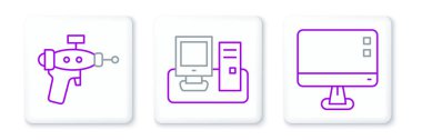Set line Computer monitor screen, Ray gun and Monitor with keyboard icon. Vector