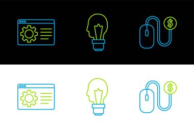 Set line Advertising, Browser setting and Light bulb with concept of idea icon. Vector