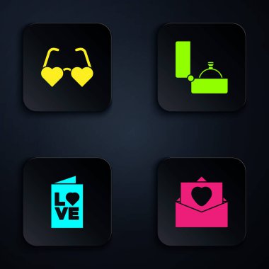 Set Envelope with Valentine heart, Heart shaped love glasses, Valentines day party flyer and Diamond engagement ring. Black square button. Vector