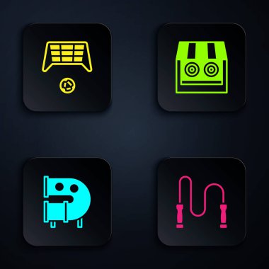 Set Jump rope, Soccer goal with ball, Kid playground slide pipe and Shooting gallery. Black square button. Vector