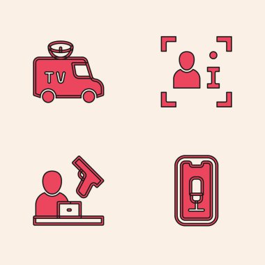Set Mobile recording, TV News car, Television report and Crime news icon. Vector