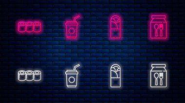 Set line Paper glass with straw, Doner kebab, Sushi and Online ordering and delivery. Glowing neon icon on brick wall. Vector
