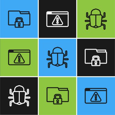 Set line Folder and lock, System bug and Browser with exclamation mark icon. Vector
