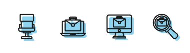 Set line Online working, Office chair,  and Magnifying glass with briefcase icon. Vector