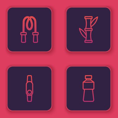 Set line Jump rope, Smartwatch, Bamboo and Bottle of water. Blue square button. Vector