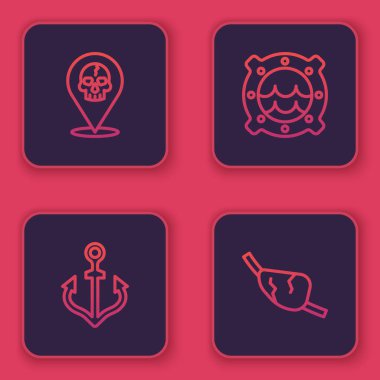 Set line Location pirate, Anchor, Ship porthole with seascape and Pirate eye patch. Blue square button. Vector