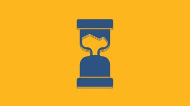 Blue Old hourglass with flowing sand icon isolated on orange background. Sand clock sign. Business and time management concept. 4K Video motion graphic animation .