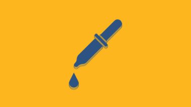 Blue Pipette icon isolated on orange background. Element of medical, chemistry lab equipment. Pipette with drop. Medicine symbol. 4K Video motion graphic animation .