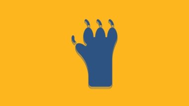 Blue Paw print icon isolated on orange background. Dog or cat paw print. Animal track. 4K Video motion graphic animation .