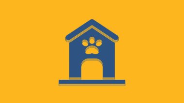 Blue Dog house and paw print pet icon isolated on orange background. Dog kennel. 4K Video motion graphic animation .