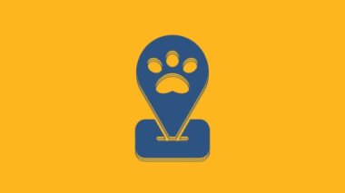 Mavi Konum hayvan bakım ikonu turuncu arka planda izole edildi. Evcil hayvan kuaförü. Köpekler ve kediler için berber dükkanı. 4K Video hareketli grafik canlandırması .