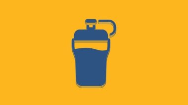 Blue Fitness shaker icon isolated on orange background. Sports shaker bottle with lid for water and protein cocktails. 4K Video motion graphic animation .
