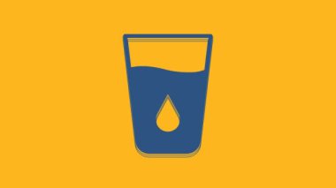 Blue Glass with water icon isolated on orange background. Soda glass. 4K Video motion graphic animation .