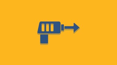 Blue Fishing harpoon icon isolated on orange background. Fishery manufacturers for catching fish under water. Diving underwater equipment. 4K Video motion graphic animation .