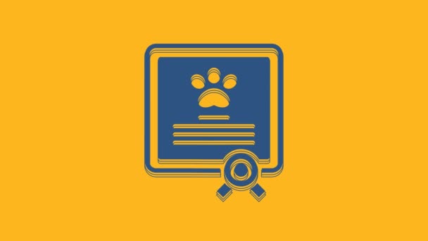 Μπλε Ιατρικό Πιστοποιητικό Για Ταξίδια Σκύλο Γάτα Εικονίδιο Απομονώνονται Πορτοκαλί — Αρχείο Βίντεο