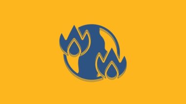 Blue Global warming fire icon isolated on orange background. 4K Video motion graphic animation .