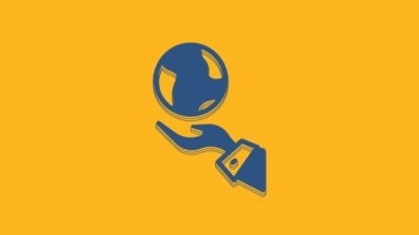 Blue Human hands holding Earth globe icon isolated on orange background. Save earth concept. 4K Video motion graphic animation .