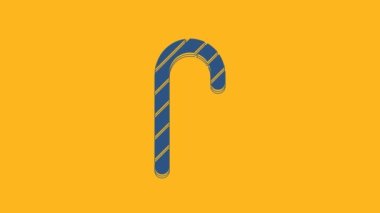 Blue Christmas candy cane with stripes icon isolated on orange background. Merry Christmas and Happy New Year. 4K Video motion graphic animation .