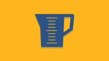 Blue Measuring cup to measure dry and liquid food icon isolated on orange background. Plastic graduated beaker with handle. 4K Video motion graphic animation .