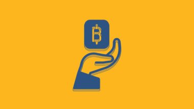 Blue Hand holding Bitcoin icon isolated on orange background. Blockchain technology, digital money market, cryptocoin wallet. 4K Video motion graphic animation .