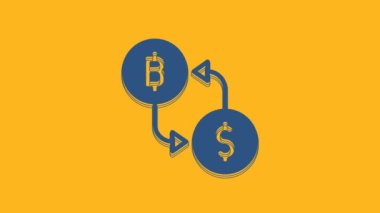 Blue Cryptocurrency exchange icon isolated on orange background. Bitcoin to dollar exchange icon. Cryptocurrency technology, mobile banking. 4K Video motion graphic animation .