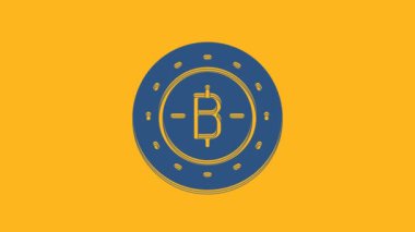 Blue Cryptocurrency coin Bitcoin icon isolated on orange background. Physical bit coin. Blockchain based secure crypto currency. 4K Video motion graphic animation .