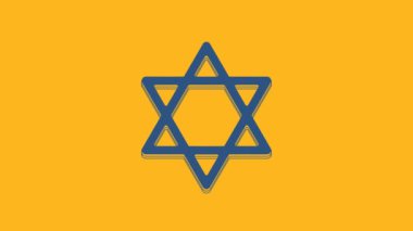 Mavi Davut Yıldızı simgesi turuncu arka planda izole edildi. Yahudi dini sembolü. İsrail 'in sembolü. 4K Video hareketli grafik canlandırması .