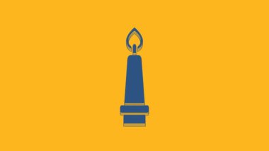 Blue Burning candle in candlestick icon isolated on orange background. Old fashioned lit candle. Cylindrical candle stick with burning flame. 4K Video motion graphic animation .