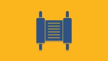 Blue Torah scroll icon isolated on orange background. Jewish Torah in expanded form. Star of David symbol. Old parchment scroll. 4K Video motion graphic animation .