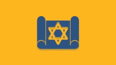 Blue Torah scroll icon isolated on orange background. Jewish Torah in expanded form. Star of David symbol. Old parchment scroll. 4K Video motion graphic animation .