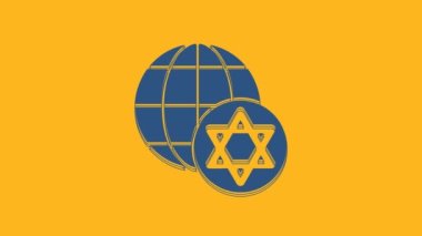 Mavi Dünya Küresi ve İsrail ikonu turuncu arka planda izole edildi. 4K Video hareketli grafik canlandırması .