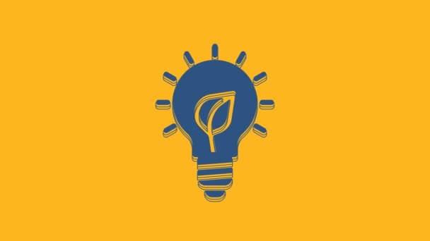 Blue Light Bulb Leaf Icon Isolated Orange Background Eco Energy — Vídeo de Stock