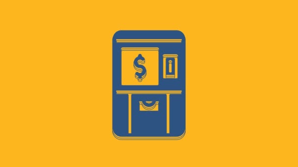 蓝色Atm 自动取款机和货币图标隔离在橙色背景 4K视频运动图形动画 — 图库视频影像