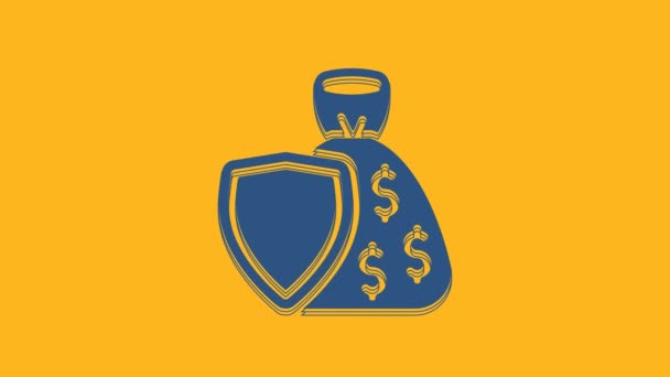蓝色盾牌和钱袋与美元符号图标孤立的橙色背景 防盾保护 货币安全概念 4K视频运动图形动画 — 图库视频影像