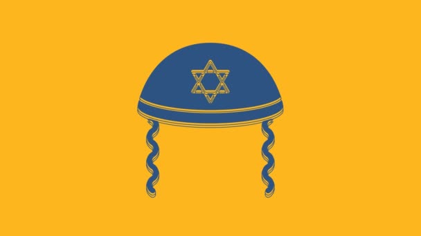 Blue Jewish Kippah Star David Sidelocks Icon Isolated Orange Background — Stockvideo