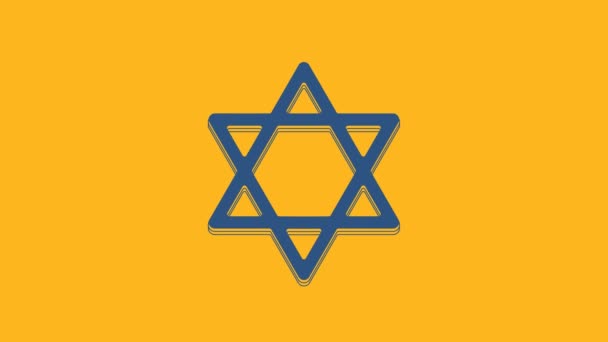 ダヴィデの青い星のアイコンはオレンジの背景に孤立しています ユダヤ教のシンボル イスラエルの象徴 4Kビデオモーショングラフィックアニメーション — ストック動画