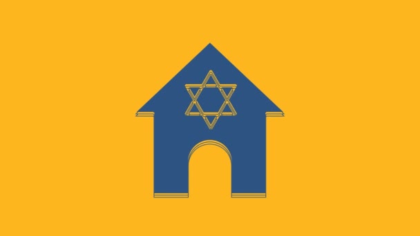 蓝色犹太教堂建筑或犹太神殿的图标被隔离在橙色背景下 希伯来文或犹太主义建筑与大卫明星 4K视频运动图形动画 — 图库视频影像