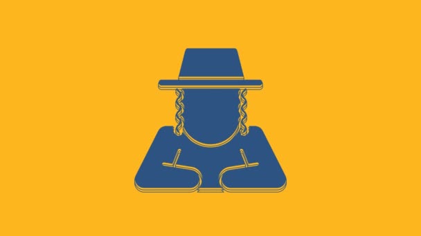 Blue Orthodox Jewish Hat Sidelocks Icon Isolated Orange Background Jewish — стоковое видео