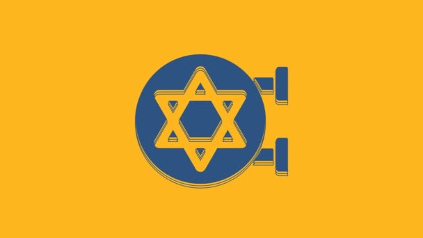 Blauwe Joodse Synagoge Gebouw Joodse Tempel Icoon Geïsoleerd Oranje Achtergrond — Stockvideo