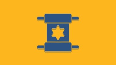 Blue Torah scroll icon isolated on orange background. Jewish Torah in expanded form. Star of David symbol. Old parchment scroll. 4K Video motion graphic animation .