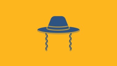 Blue Orthodox jewish hat with sidelocks icon isolated on orange background. Jewish men in the traditional clothing. Judaism symbols. 4K Video motion graphic animation .