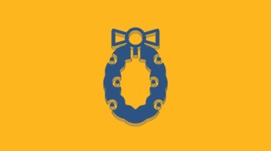 Blue Christmas wreath icon isolated on orange background. Merry Christmas and Happy New Year. 4K Video motion graphic animation .