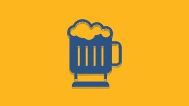 Blue Wooden beer mug icon isolated on orange background. 4K Video motion graphic animation .