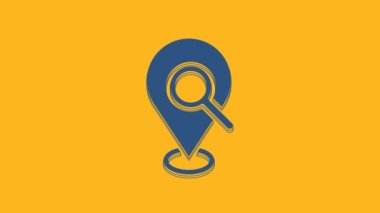 Blue Search location icon isolated on orange background. Magnifying glass with pointer sign. 4K Video motion graphic animation .