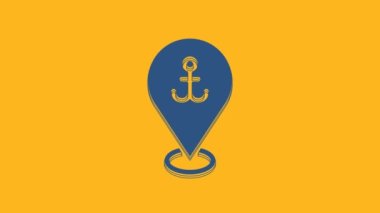 Blue Map pointer with anchor icon isolated on orange background. 4K Video motion graphic animation .