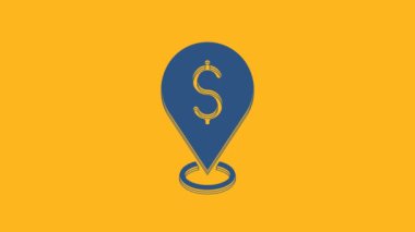 Blue Cash location pin icon isolated on orange background. Pointer and dollar symbol. Money location. Business and investment concept. 4K Video motion graphic animation .