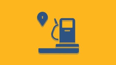 Blue Location and petrol or gas station icon isolated on orange background. Car fuel symbol. Gasoline pump. 4K Video motion graphic animation .